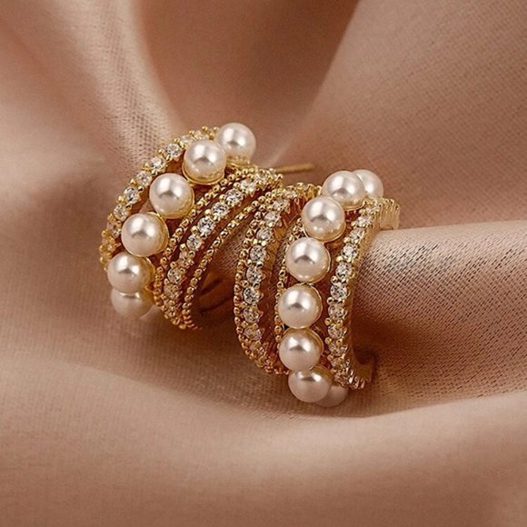 Rhinestone & Faux Pearl Hoop Earrings - Picture 3 of 3